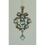 A silver, and pale blue paste set pendant necklace, with marcasite and seed pearl embellishments
