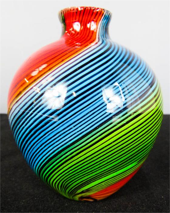 A 1950s Murano Mezza Fiigrana squat vase with rainbow swirl.