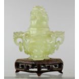 A jade carved Chinese censor on treen stand. 12cm.