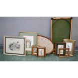 A group of pictures to include 19th century prints of birds, a pin ball game, an oval tray with