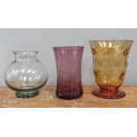 A smokey glass vase, orange 'bubble' vase, a cranberry vase and similar bowl,