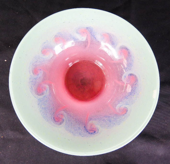 A 1940s Vasart bowl in pink, blue and green, 28cm diameter.