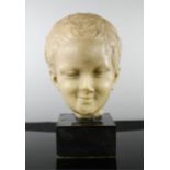 A 17th century alabaster carved head of a young boy, raised on a modern plinth, 22cm high.