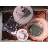 A mixed group of items including a Ducal ware jardinere, painted treen parrot, group of minerals and