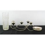 A chrome candlestand, glass bobble vase, Somerset dish.