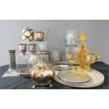 A group of silverplate ware including a Regency style candlestick, pair of urn form salts, dishes,