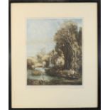 A 19th century tinted print by C Fitzgerald, figures on a boat with house to the background, 39 by