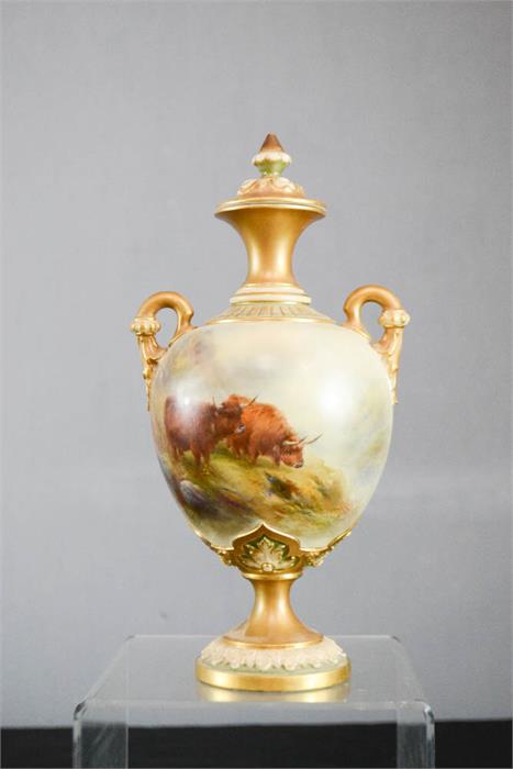 A Royal Worcester vase and cover, signed H Stinton, painted with highland cattle scene. 25cm high. - Image 3 of 5