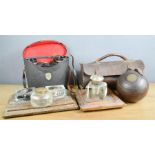 Two inkwells, desk stands, bowling ball set, and binoculars.