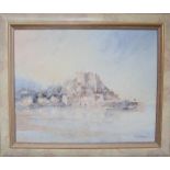 Ronald A Suter (20th century): Mont Orgueil castle, St Aubins Bay, Jersey, oil on canvas.