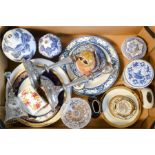 A mixed group of ceramics including two porcelain Japanese jar and cover, glass bell, Limoges plate,