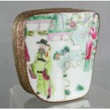 A late 19th century rare Canton Famille Rose trinket box, the porcelain plaque inset top with