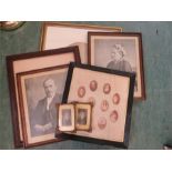 A group of local portrait photographs, framed, including a pair of small framed portraits of two