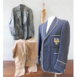 A group of clothing to include a fox tail brush, pair of jodpurs, a Repton Wool blazer circa 1960,