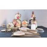 A group of Beswick cottage teapots, dressing table set, decorative plates, Victorian floral vases
