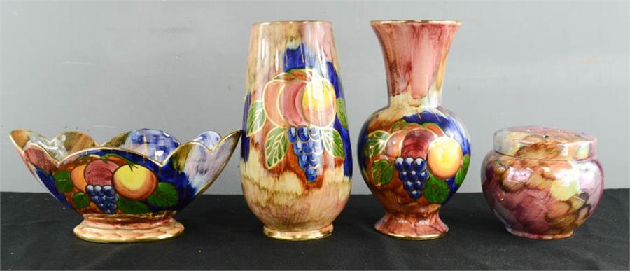 A 1930s Old Court lustre ware hand painted bowl and vase, jar and cover and baluster vase.