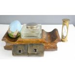 A carved top shoe horn, Porsyn hour glass, a German dictionary pair, and an oak inkstand.