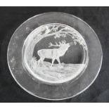 Blenko; a glass dish, etched front and back with stag beneath a tree.