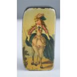 A 19th century snuff box, with 'erotic' comical hand painted lid, depicting a 'lady on horseback'.