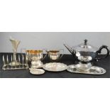A group of silver plateware, to include a part tea set including tea pot, sugar bowl and milk jug, a