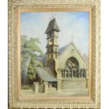 An oil on board, view of Stamford Roman Catholic Church, Broad Street, in a giltwood frame.