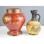 A tapestry panel, red painted glass vase, Egyptian ewer etc.