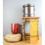 A tin Veuve Cliquot box, a leather clad ice bucket, a stool and a Victorian needlework foot rest.