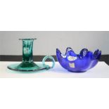 Blenko; green glass chamber stick and blue bowl with wavy edge.