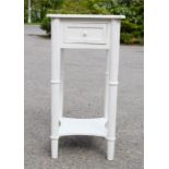 A white painted French style bedside table and a white painted two drawer console table.