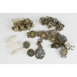 A group of miscellaneous items including mother of pearl buttons, white metal Chinese buttons,