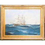 Adrian Thompson (20th century): ship on choppy seas, oil on canvas, 75 by 100cm.