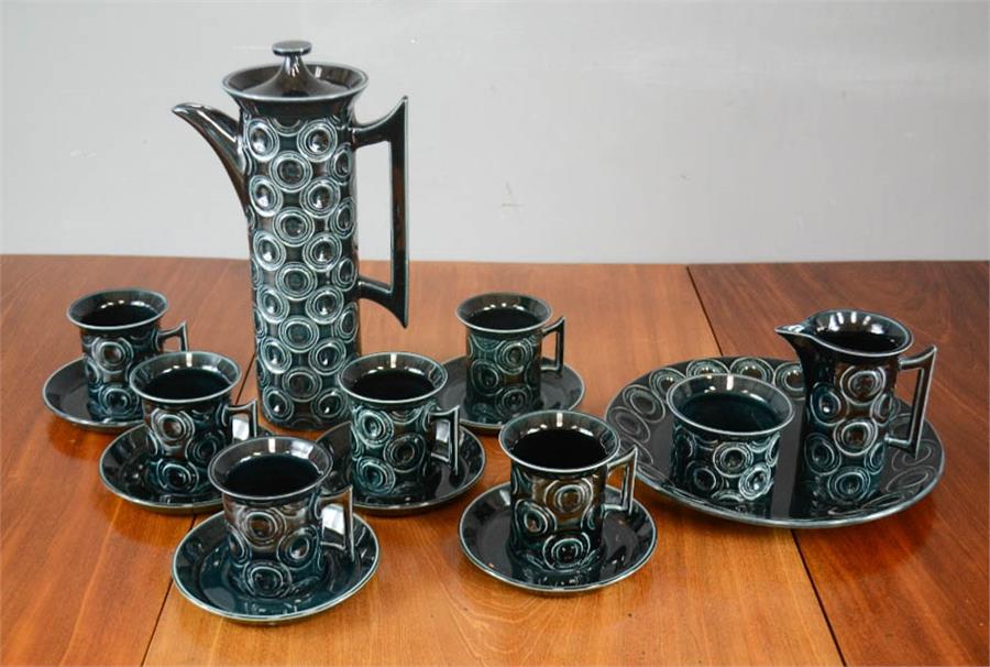 A Portmerion Susan Williams-Ellis coffee set comprising coffee pot, six coffee cans and saucers, a - Image 2 of 2