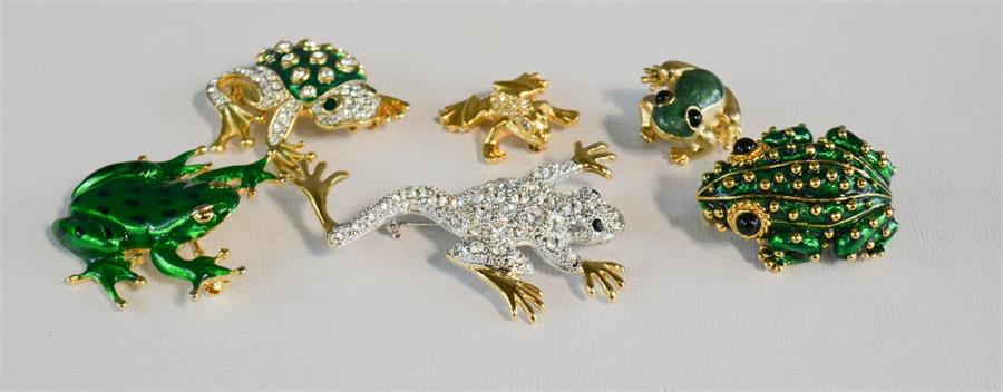 A group of six frog brooches, enamelled, diamante etc.