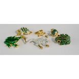 A group of six frog brooches, enamelled, diamante etc.