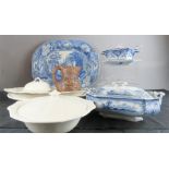 Three large Victorian meat platters, together with two blue and white tureens.