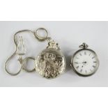 A silver pocket watch and a further pocket watch embossed with hunting dog.