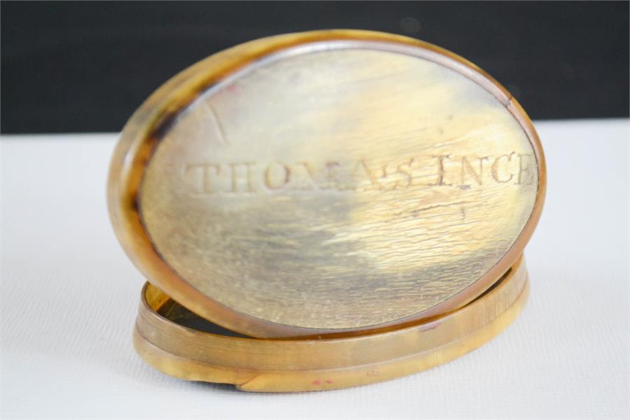 A 19th century horn snuff box, engraved Thomas Ince, oval form. - Image 2 of 2