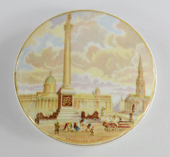 A 19th century Prattware pot lid, Trafalgar Square, Nelsons Column.