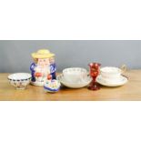 A group of ceramics to include a toby jug, two Victorian cups and saucers, a red port glass, and