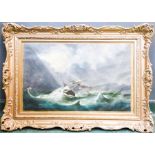 Oil on canvas, laid onto board, 19th century, unsigned, lightning strike in stormy seas, 47 by