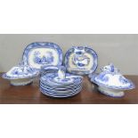 A group of Doulton in the Watteau pattern, blue and white, four graduated platters, twelve dinner