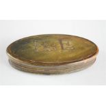 A 19th century horn snuff box, oval form, engraved with initials RE.