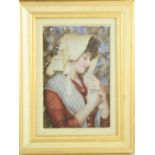 A oil on porcelain plaque, portrait of a girl wearing a bonnet, holding a dove.