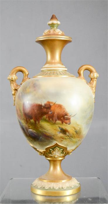 A Royal Worcester vase and cover, signed H Stinton, painted with highland cattle scene. 25cm high.