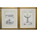 A pair of prints depicting classical studies of fountains.