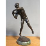 A bronze figure of a discus thrower, E Margoton, green marble base, 45cm high.