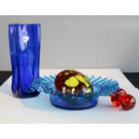 Blenko glass blue vase, 19cm high, and a Blenko style dish with crimped edge, stopper and mushroom