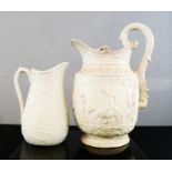 Two Victorian stoneware glazed jugs, one with classical scenes modelled to the body.