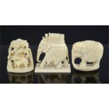 Three 19th century carvings, including two elephants. 4cm high.