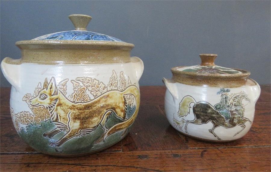 M&J Mosse of Llanbrynnair (20th century, Welsh) pottery; two tureens and covers; one depicting